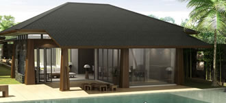 Computer rendering of villa with swimming pool.