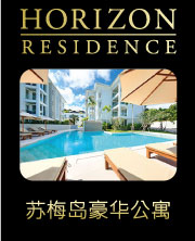 Horizon Residence公寓在泰国苏梅岛的广告。 Horizon Residence游泳池区域的照片。