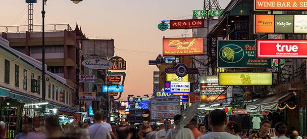 Khao San Road at dusk.