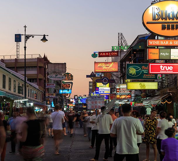 Khao San Road at dusk.