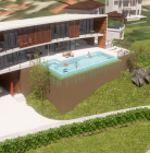 Image par ordinateur de la maison à 3 niveaux avec piscine.