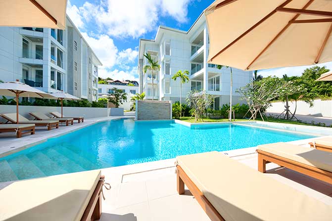Condominium complex with outdoor pool; Koh Samui, Thailand.