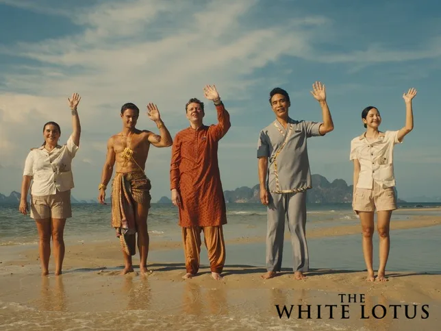 Cast members on a Koh Samui beach during filming of The White Lotus Season 3