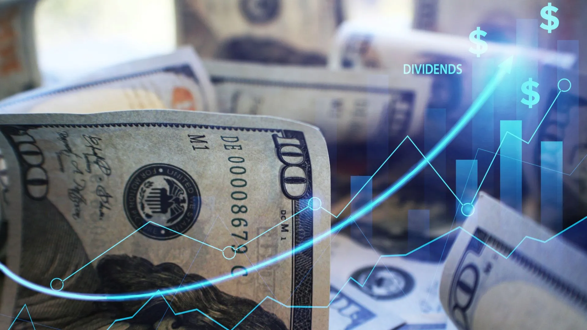 A conceptual financial image with US dollar bills and an overlay of a rising stock chart, emphasizing dividends and financial growth.