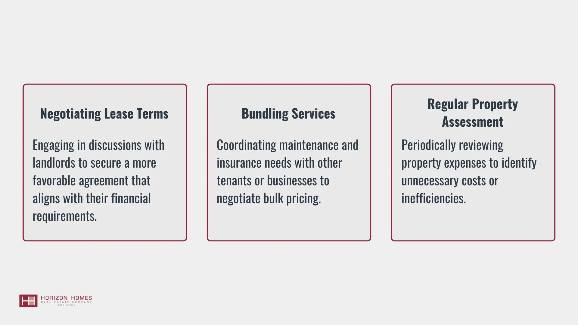 An infographic outlining three key lease negotiation strategies: negotiating lease terms, bundling services, and regular property assessment.