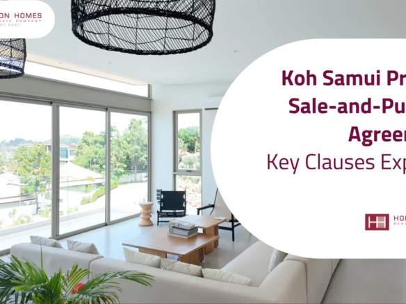 Sea view living room in a Choeng Mon villa, Koh Samui, with the post title Koh Samui Property Sale-and-Purchase Agreements: Key Clauses Explained