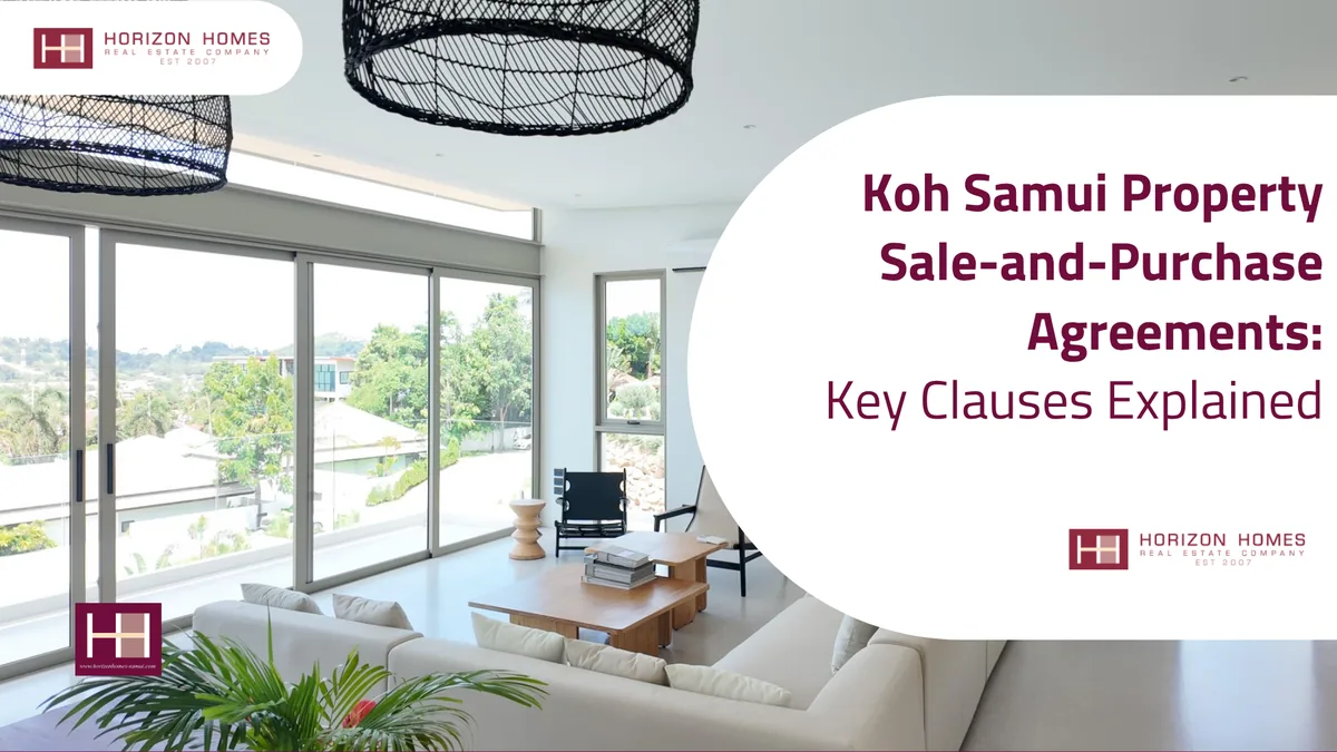 Sea view living room in a Choeng Mon villa, Koh Samui, with the post title Koh Samui Property Sale-and-Purchase Agreements: Key Clauses Explained