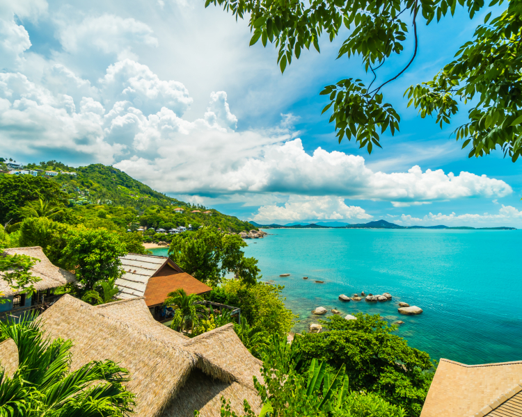 Beautiful aerial view of beach and sea with coconut palm tree in koh samui island Thailand for travel and vacation